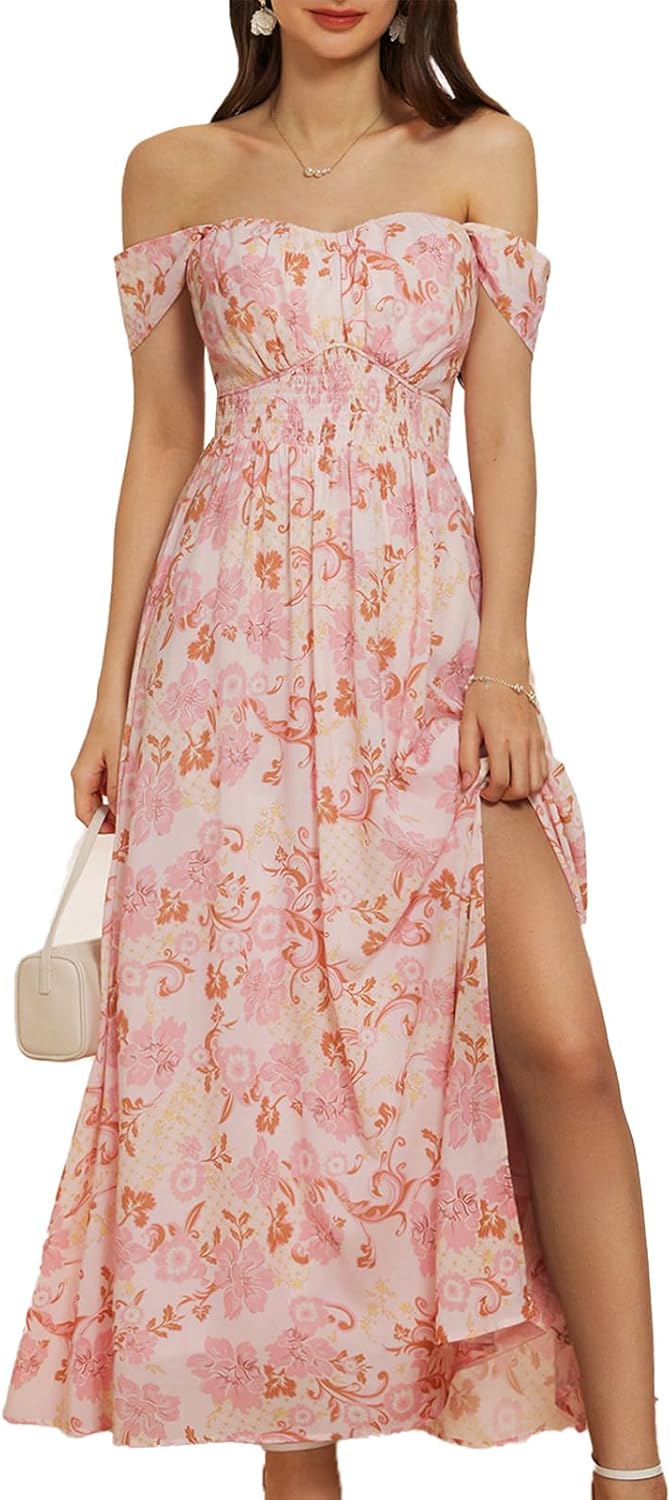 Women Summer Floral Print Flowy A Line Maxi Dresses Sleeveless Smocked Off Shoulder Dress