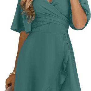 Women Wrap V Neck Short Flared Sleeve Wedding Guest Dress Smocked Elastic Waist Tiered Belted Ruffle Hem Mini Dress