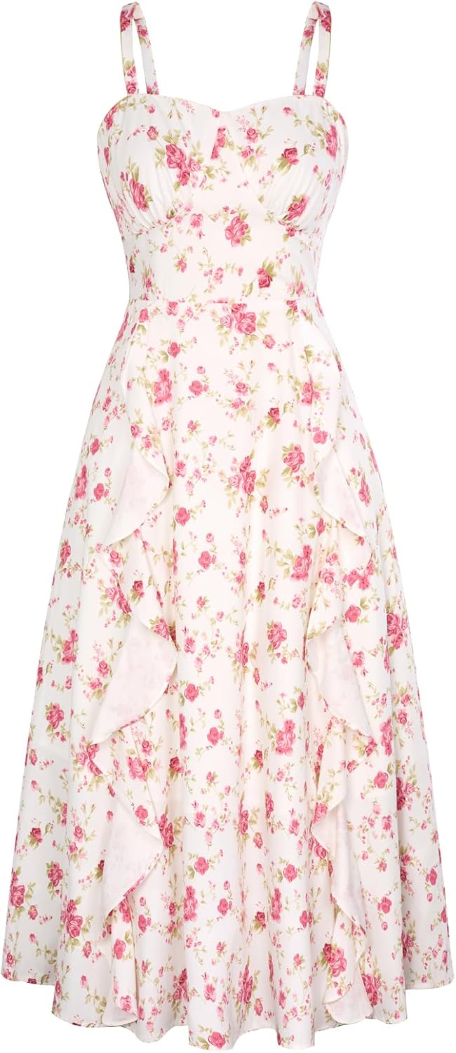 Sun Dresses for Women Boho Midi Dresses Casual Spaghetti Ruffle Dress Wedding Guest Dresses for Women
