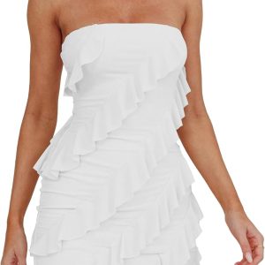 Women Sexy Strapless Tube Top Bodycon Sleeveless Ruffle Mini Party Dress