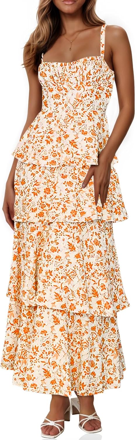 Women Floral Maxi Dresses Spaghetti Strap Casual Sleeveless Ruffle Flowy Tiered Dress