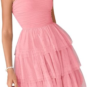 Women Tulle Dress Strapless Tube Top Short Dress Summer Ruffle Tiered Party Wedding Guest Dresses