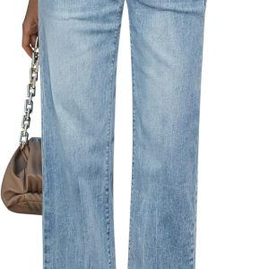 Straight Leg Jeans for Women High Waisted Stretchy Frayed Raw Hem Loose Denim Pants Casual Baggy Jean Trousers