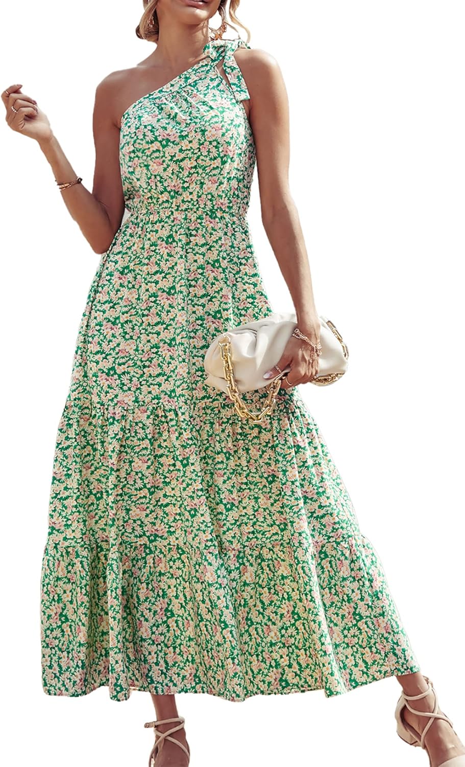 Women Summer Floral One Shoulder Maxi Dress Knot Ruffle Boho Beach Vacation Wedding Guest Long Dresses